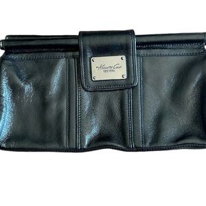 Vintage Y2K Leather Black Silver Kenneth Cole New York Large Clutch Handbag Bag